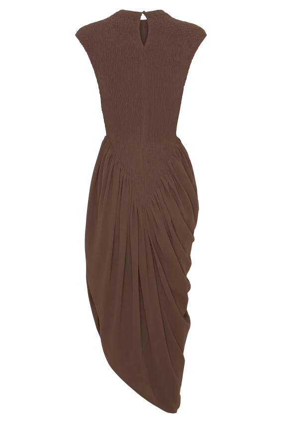 Nola Shirred Asymmetric Midi Dress – Mocha Nola Shirred Asymmetric Midi Dress – Mocha