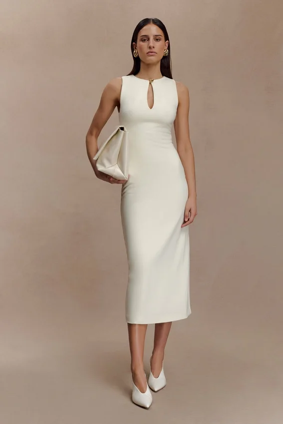 Norah Sleeveless Crepe Midi Dress – Ivory Norah Sleeveless Crepe Midi Dress – Ivory