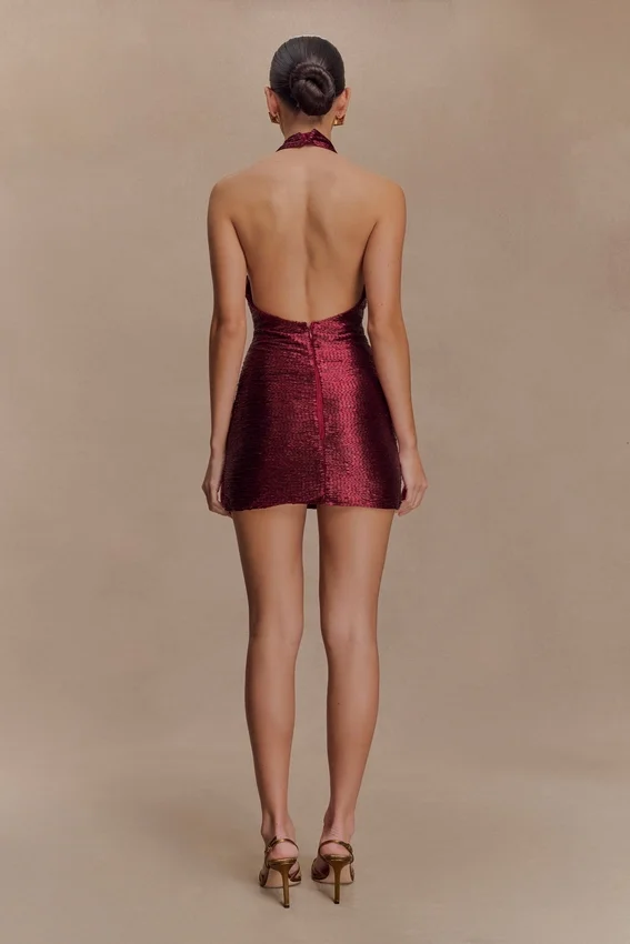 Nylah Beaded Halter Mini Dress – Burgundy Nylah Beaded Halter Mini Dress – Burgundy