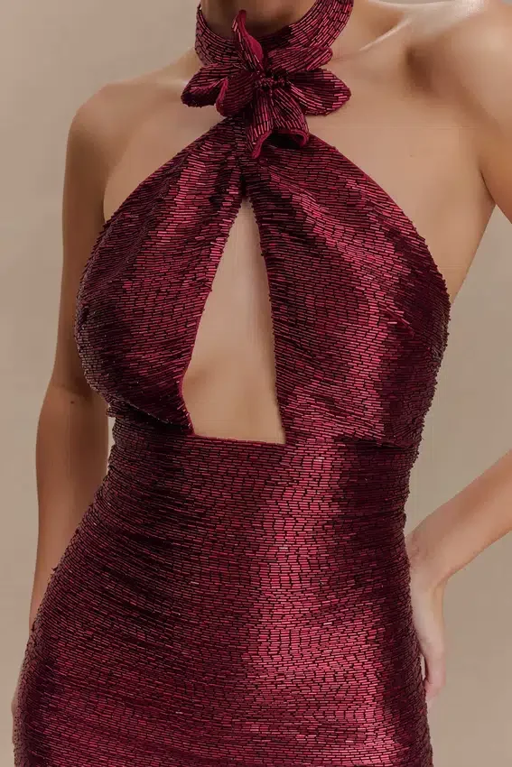 Nylah Beaded Halter Mini Dress – Burgundy Nylah Beaded Halter Mini Dress – Burgundy