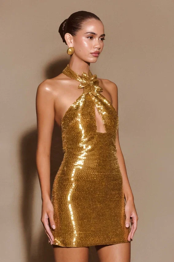 Nylah Beaded Halter Mini Dress – Gold Nylah Beaded Halter Mini Dress – Gold