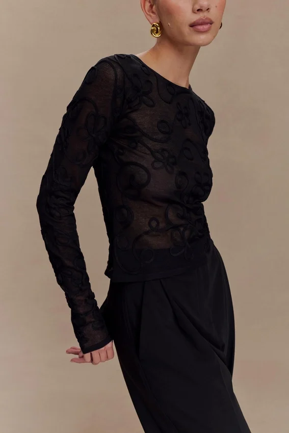 Omari Embroidery Long Sleeve Knit Top – Black Omari Embroidery Long Sleeve Knit Top – Black