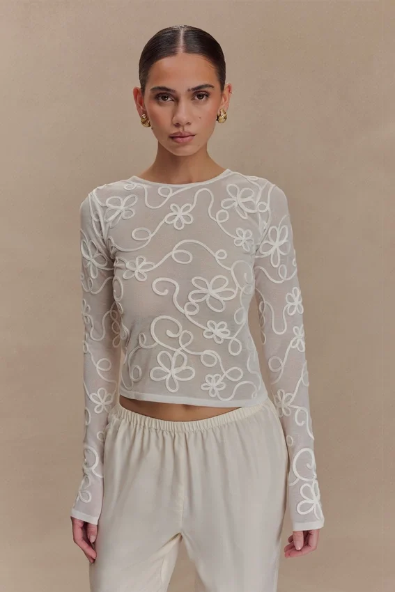 Omari Embroidery Long Sleeve Knit Top – Ivory Omari Embroidery Long Sleeve Knit Top – Ivory