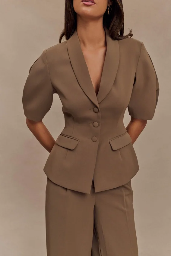 Opal Puff Sleeve Suiting Top – Cacao Brown Opal Puff Sleeve Suiting Top – Cacao Brown