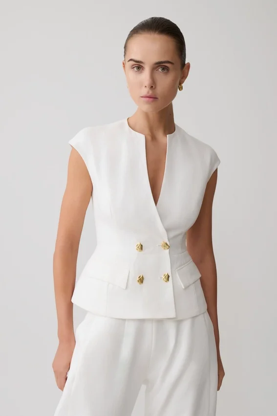 Oriana Linen Button Vest – White Oriana Linen Button Vest – White
