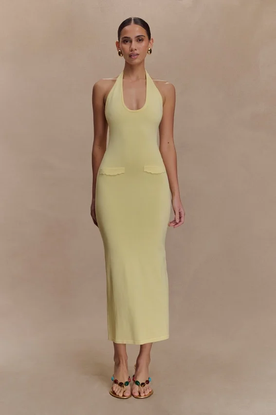 Ovina Halter Neck Knit Midi Dress – Lemon Ovina Halter Neck Knit Midi Dress – Lemon
