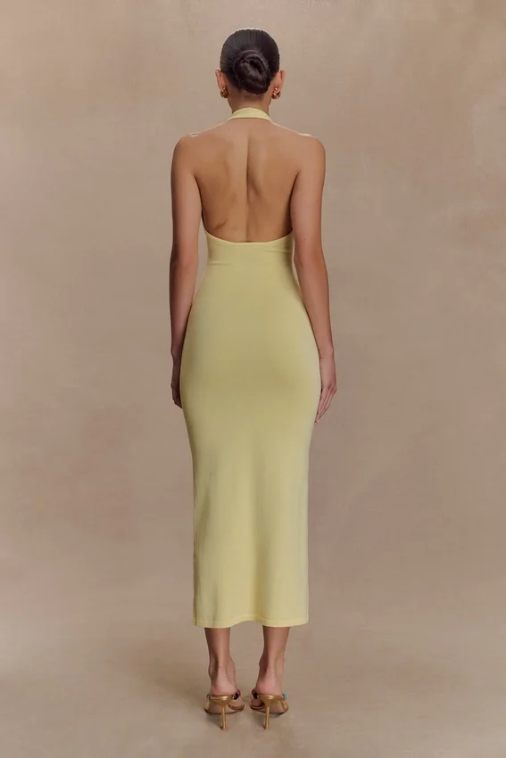 Ovina Halter Neck Knit Midi Dress – Lemon Ovina Halter Neck Knit Midi Dress – Lemon