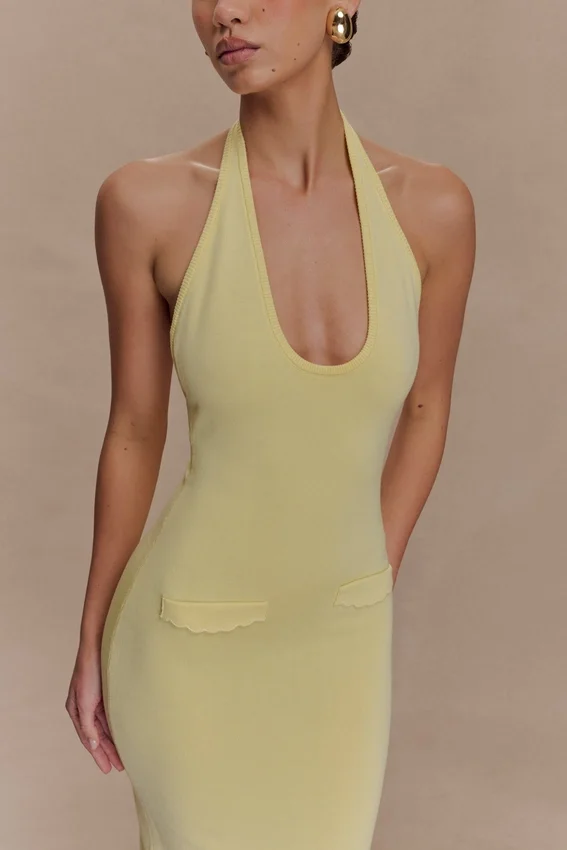 Ovina Halter Neck Knit Midi Dress – Lemon Ovina Halter Neck Knit Midi Dress – Lemon