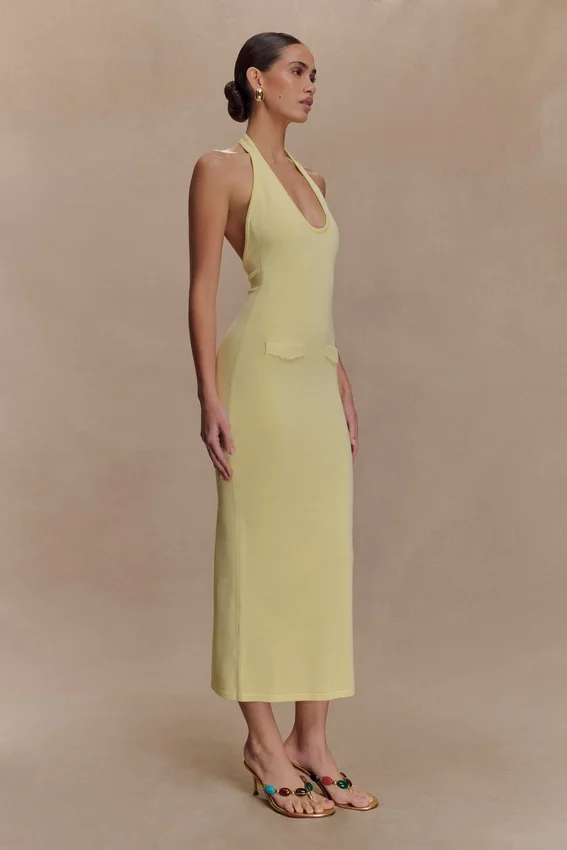 Ovina Halter Neck Knit Midi Dress – Lemon Ovina Halter Neck Knit Midi Dress – Lemon
