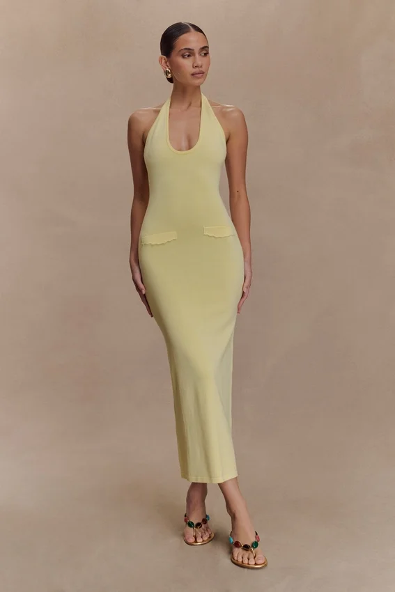 Ovina Halter Neck Knit Midi Dress – Lemon Ovina Halter Neck Knit Midi Dress – Lemon