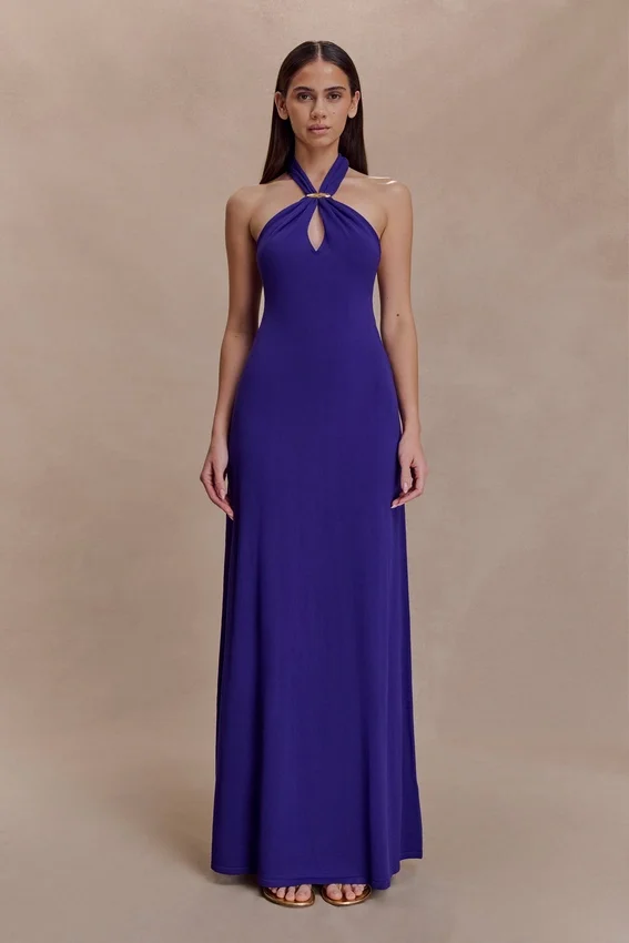 Ozias Halter Semi Sheer Knit Maxi Dress – Deep Purple Ozias Halter Semi Sheer Knit Maxi Dress – Deep Purple