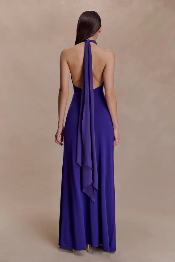 Ozias Halter Semi Sheer Knit Maxi Dress – Deep Purple Ozias Halter Semi Sheer Knit Maxi Dress – Deep Purple