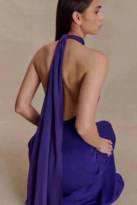 Ozias Halter Semi Sheer Knit Maxi Dress – Deep Purple Ozias Halter Semi Sheer Knit Maxi Dress – Deep Purple