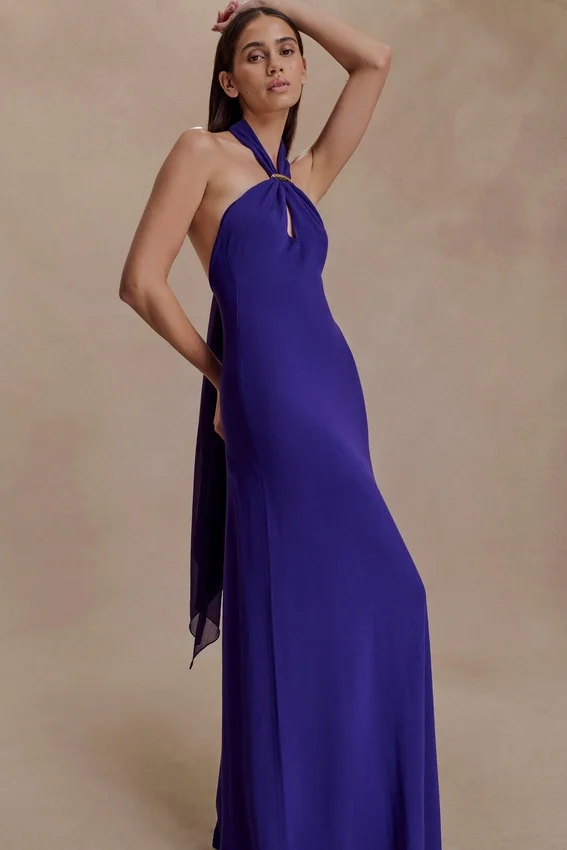 Ozias Halter Semi Sheer Knit Maxi Dress – Deep Purple Ozias Halter Semi Sheer Knit Maxi Dress – Deep Purple