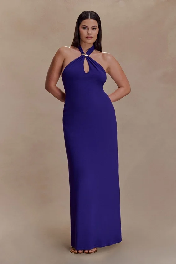 Ozias Halter Semi Sheer Knit Maxi Dress – Deep Purple Ozias Halter Semi Sheer Knit Maxi Dress – Deep Purple