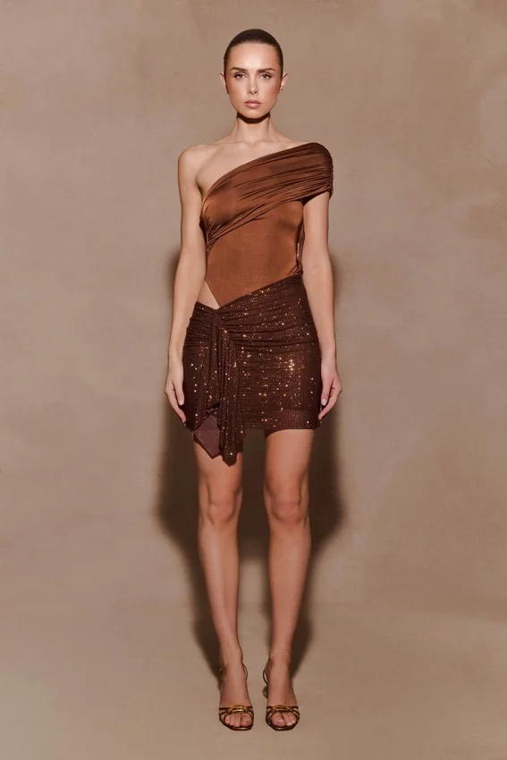 Paisley Slinky And Diamante Mini Dress – Chocolate Paisley Slinky And Diamante Mini Dress – Chocolate
