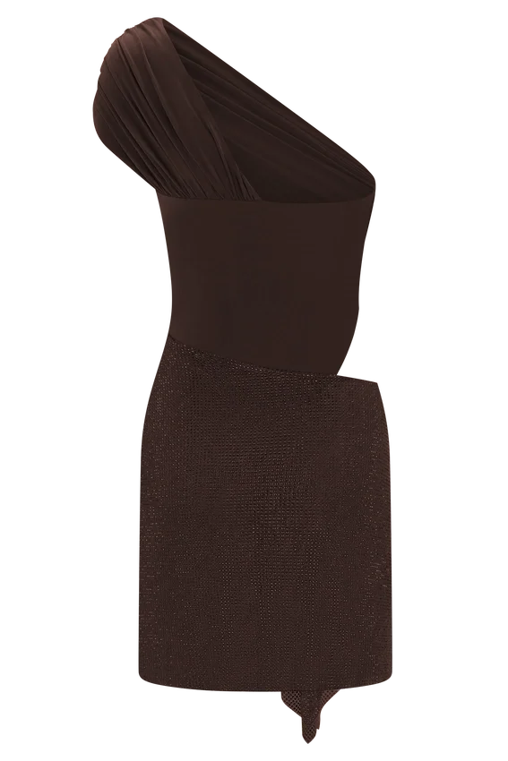 Paisley Slinky And Diamante Mini Dress – Chocolate Paisley Slinky And Diamante Mini Dress – Chocolate