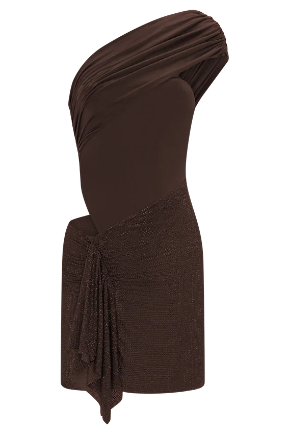 Paisley Slinky And Diamante Mini Dress – Chocolate Paisley Slinky And Diamante Mini Dress – Chocolate