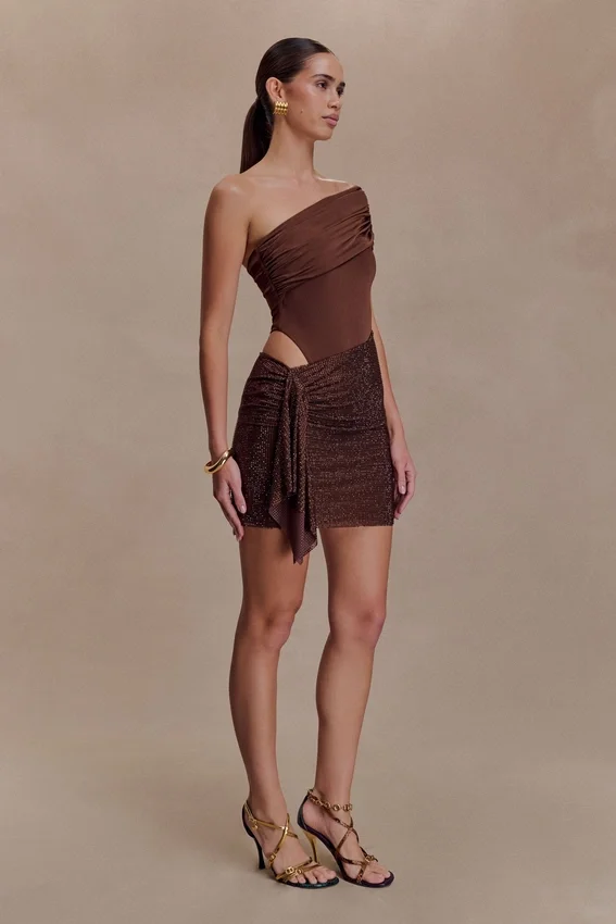 Paisley Slinky And Diamante Mini Dress – Chocolate Paisley Slinky And Diamante Mini Dress – Chocolate