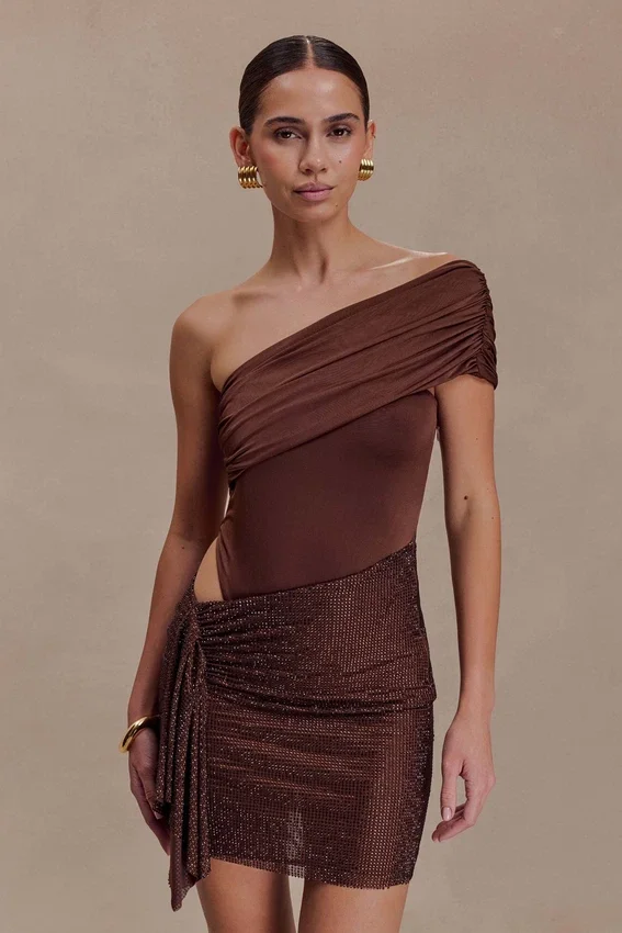 Paisley Slinky And Diamante Mini Dress – Chocolate Paisley Slinky And Diamante Mini Dress – Chocolate