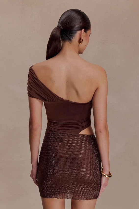 Paisley Slinky And Diamante Mini Dress – Chocolate Paisley Slinky And Diamante Mini Dress – Chocolate