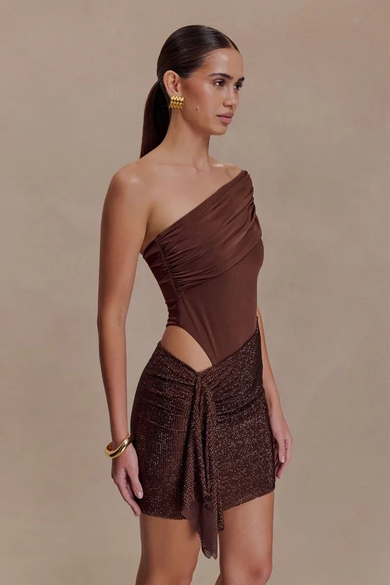 Paisley Slinky And Diamante Mini Dress – Chocolate Paisley Slinky And Diamante Mini Dress – Chocolate