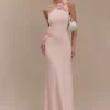 Paloma One Shoulder Knit Maxi Dress With Flowers – Baby Pink