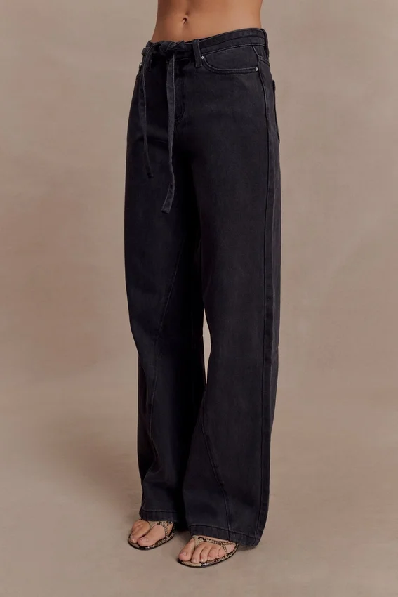 Perrie Mid Rise Straight Leg Tie Jeans – Washed Black Perrie Mid Rise Straight Leg Tie Jeans – Washed Black