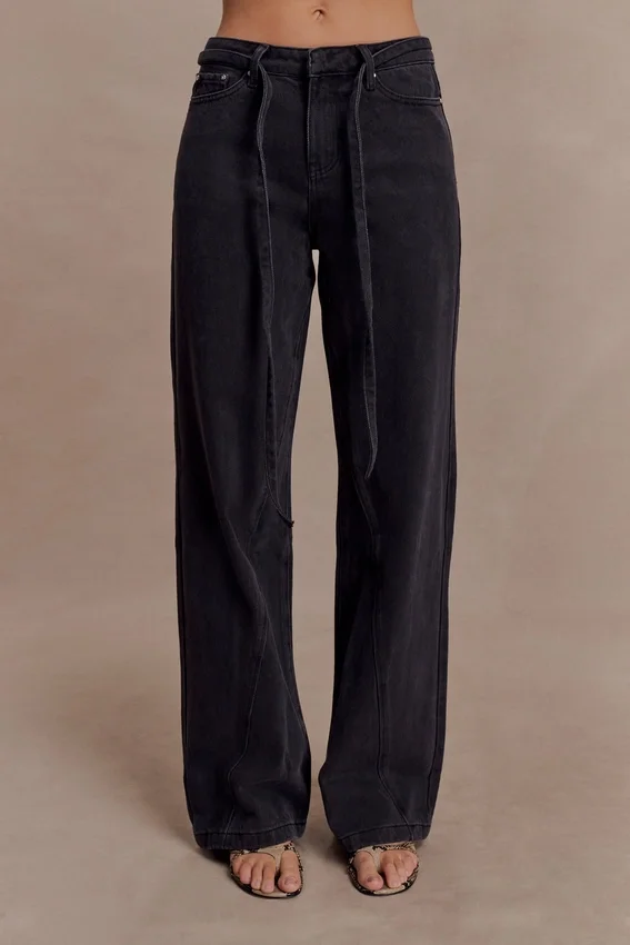 Perrie Mid Rise Straight Leg Tie Jeans – Washed Black Perrie Mid Rise Straight Leg Tie Jeans – Washed Black