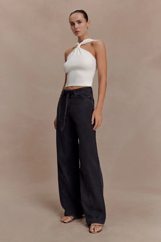 Perrie Mid Rise Straight Leg Tie Jeans – Washed Black Perrie Mid Rise Straight Leg Tie Jeans – Washed Black