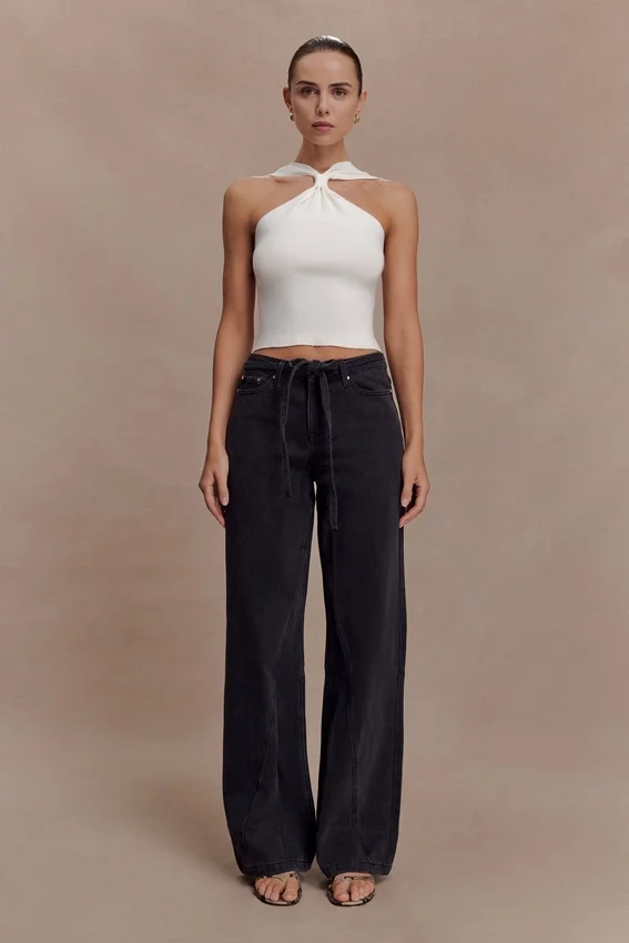 Perrie Mid Rise Straight Leg Tie Jeans – Washed Black Perrie Mid Rise Straight Leg Tie Jeans – Washed Black