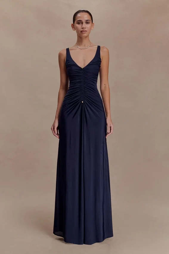 Perrie Slinky Ruched Maxi Dress – Ink Blue Perrie Slinky Ruched Maxi Dress – Ink Blue