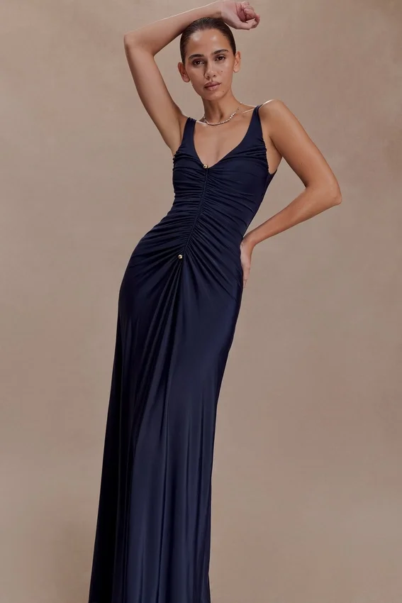 Perrie Slinky Ruched Maxi Dress – Ink Blue Perrie Slinky Ruched Maxi Dress – Ink Blue