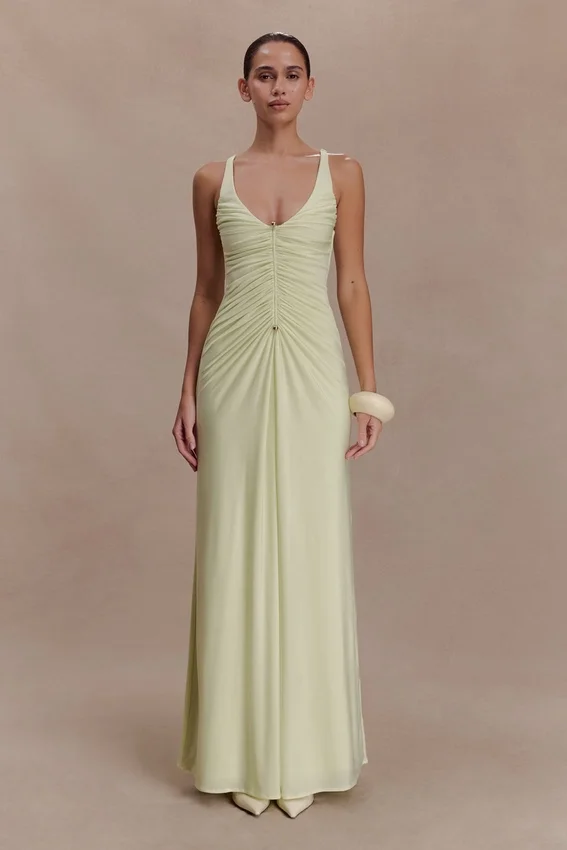 Perrie Slinky Ruched Maxi Dress – Pastel Lime Perrie Slinky Ruched Maxi Dress – Pastel Lime