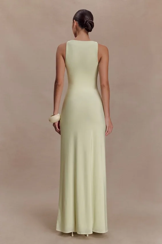 Perrie Slinky Ruched Maxi Dress – Pastel Lime Perrie Slinky Ruched Maxi Dress – Pastel Lime