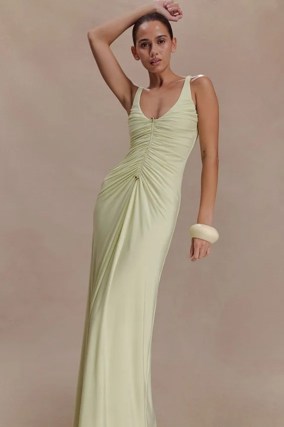 Perrie Slinky Ruched Maxi Dress – Pastel Lime Perrie Slinky Ruched Maxi Dress – Pastel Lime