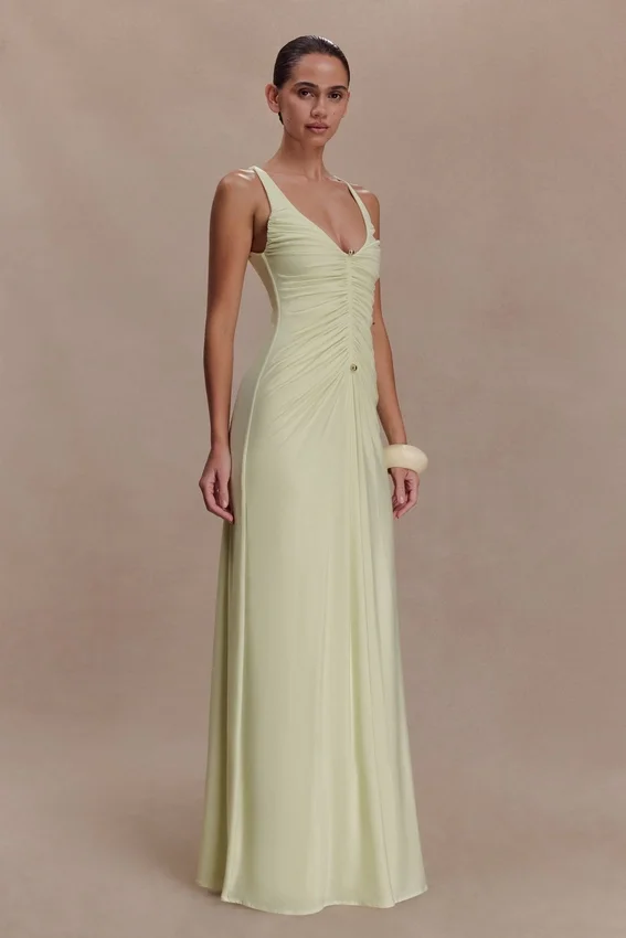 Perrie Slinky Ruched Maxi Dress – Pastel Lime Perrie Slinky Ruched Maxi Dress – Pastel Lime