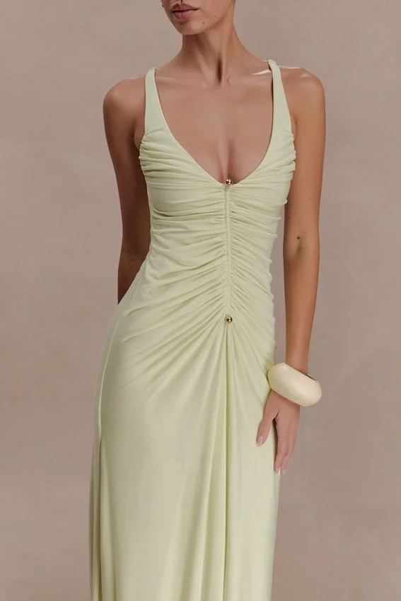 Perrie Slinky Ruched Maxi Dress – Pastel Lime Perrie Slinky Ruched Maxi Dress – Pastel Lime