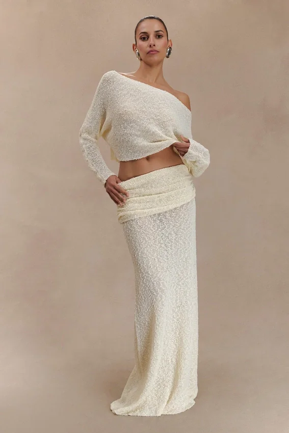 Petra Ruched Knit Maxi Skirt – Ivory Petra Ruched Knit Maxi Skirt – Ivory