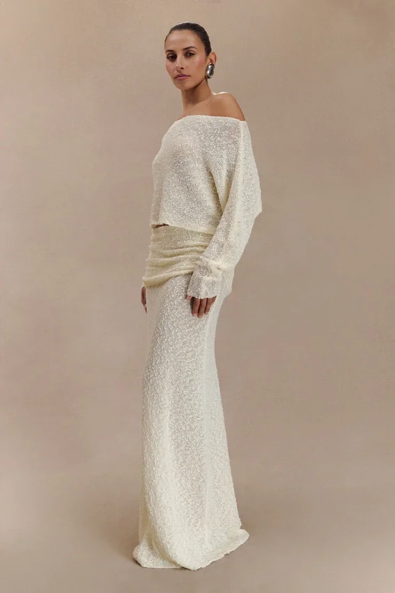 Petra Ruched Knit Maxi Skirt – Ivory Petra Ruched Knit Maxi Skirt – Ivory
