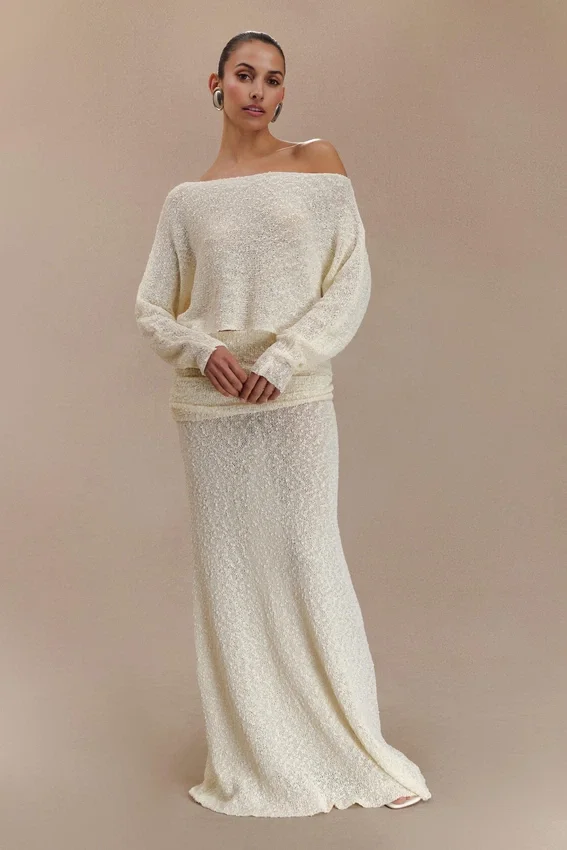 Petra Ruched Knit Maxi Skirt – Ivory Petra Ruched Knit Maxi Skirt – Ivory