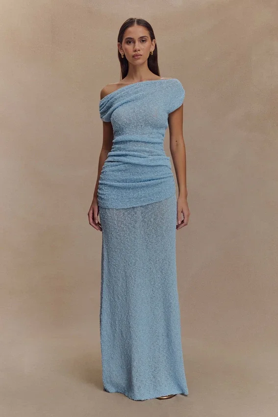 Petra Ruched Knit Maxi Skirt – Light Blue Petra Ruched Knit Maxi Skirt – Light Blue