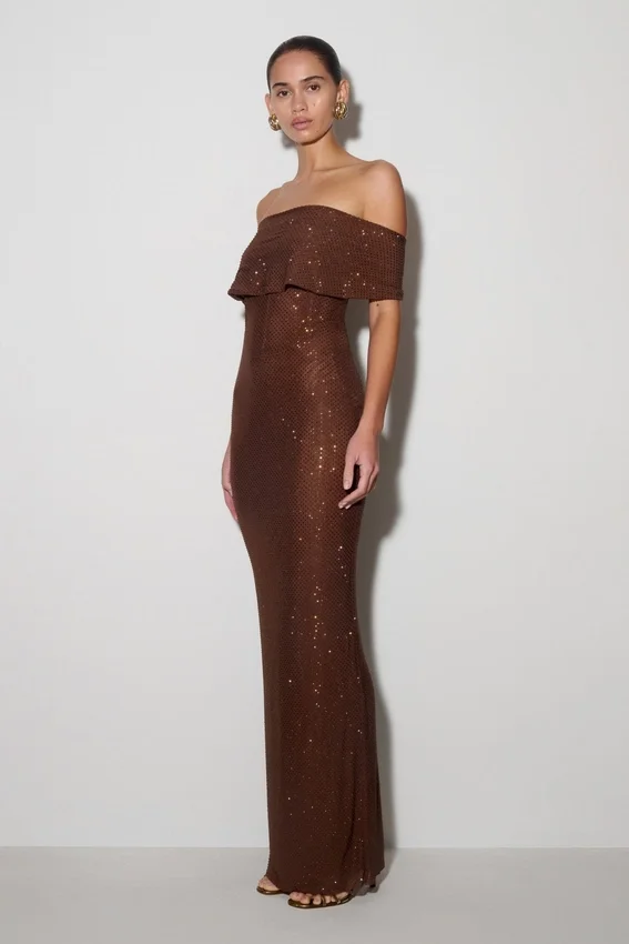Phi Multi-Wear Cowl Diamante Maxi Dress – Chocolate Phi Multi-Wear Cowl Diamante Maxi Dress – Chocolate