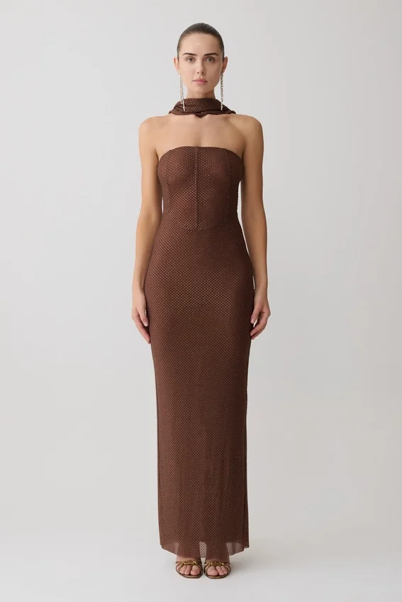 Phi Multi-Wear Cowl Diamante Maxi Dress – Chocolate Phi Multi-Wear Cowl Diamante Maxi Dress – Chocolate
