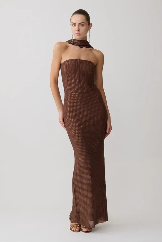 Phi Multi-Wear Cowl Diamante Maxi Dress – Chocolate Phi Multi-Wear Cowl Diamante Maxi Dress – Chocolate