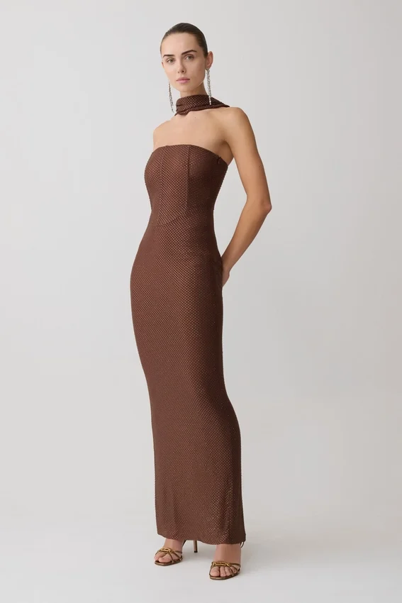 Phi Multi-Wear Cowl Diamante Maxi Dress – Chocolate Phi Multi-Wear Cowl Diamante Maxi Dress – Chocolate
