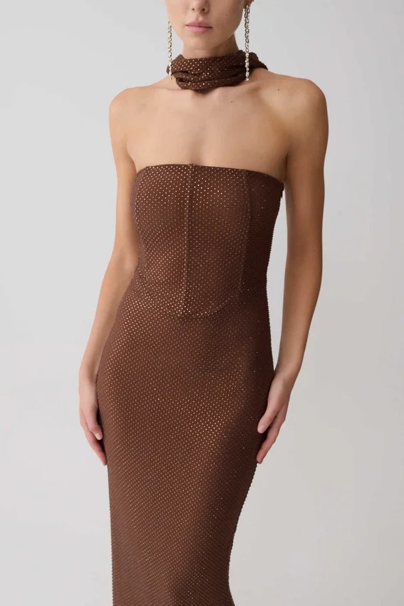 Phi Multi-Wear Cowl Diamante Maxi Dress – Chocolate Phi Multi-Wear Cowl Diamante Maxi Dress – Chocolate