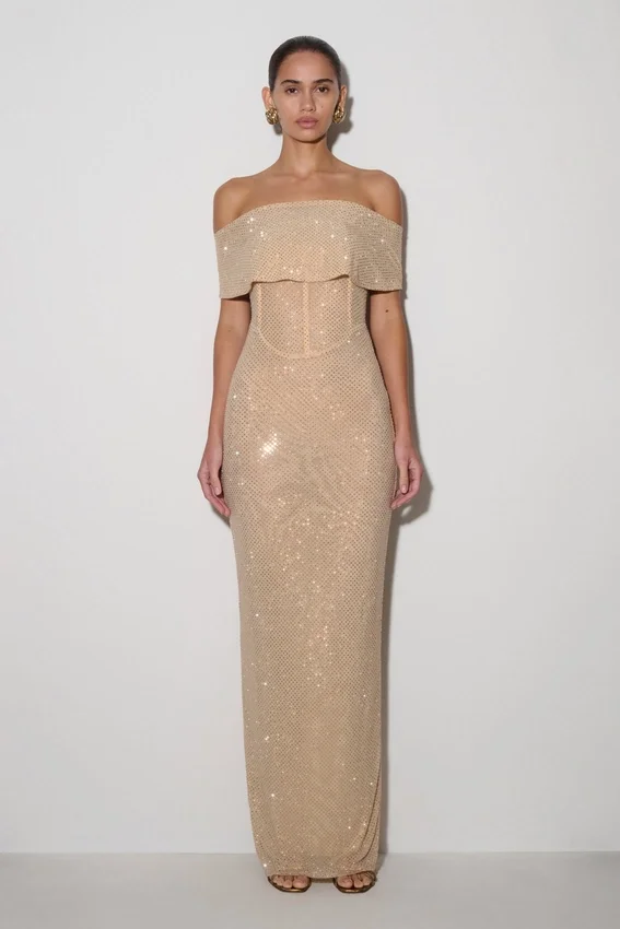Phi Multi-Wear Cowl Diamante Maxi Dress – Gold Phi Multi-Wear Cowl Diamante Maxi Dress – Gold