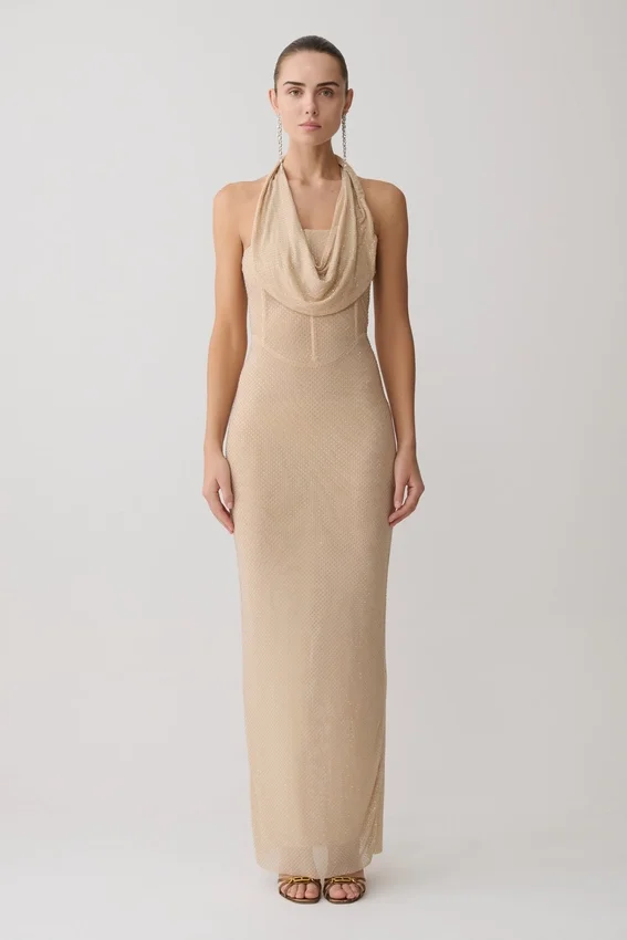 Phi Multi-Wear Cowl Diamante Maxi Dress – Gold Phi Multi-Wear Cowl Diamante Maxi Dress – Gold