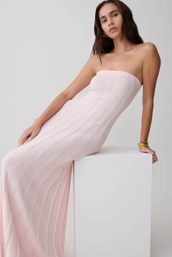 Pia Ribbed Strapless Maxi Dress – Baby Pink Pia Ribbed Strapless Maxi Dress – Baby Pink